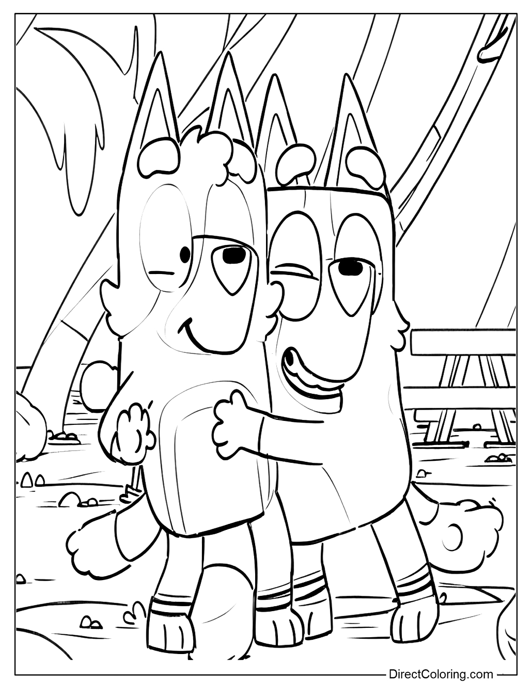 Bluey and Bingo hugging at the beach coloring page